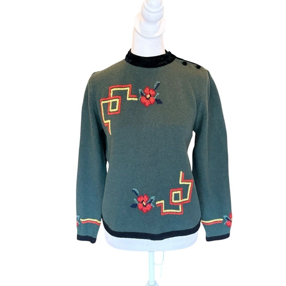 Herman Geist Hand Embroidered Lambswool Sweater Green High Neck Womens Small